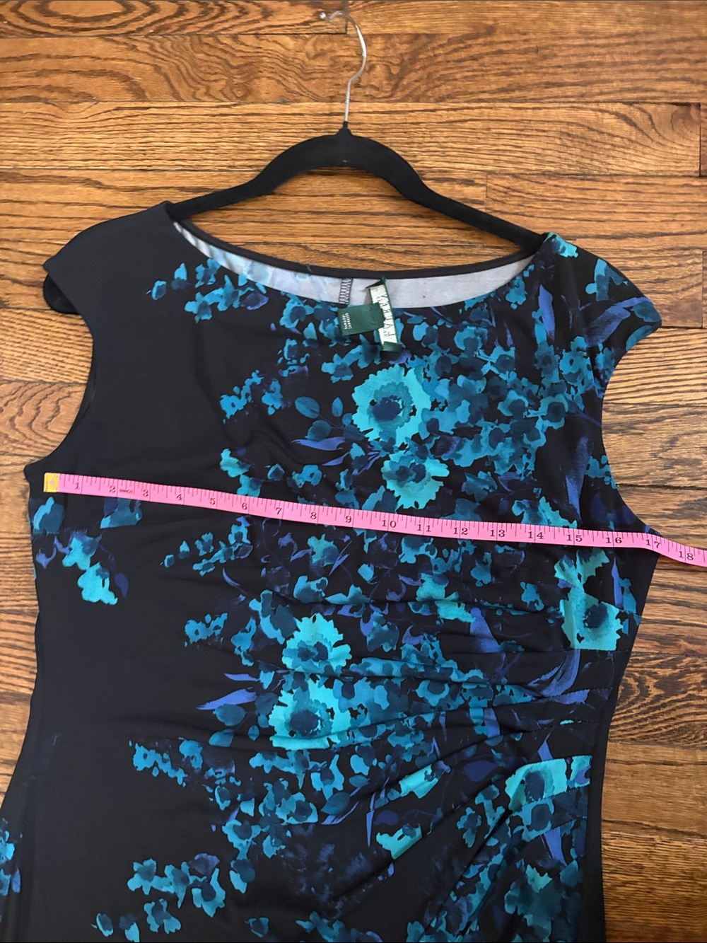 Lauren Ralph Lauren Black Teal Floral Side Ruched Cap Sleeve Sheath Dress 12 - Picture 5 of 5